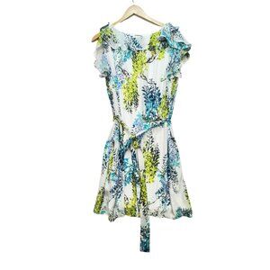Worthington Womens Floral Mini A-Line Dress Size 16 White Ruffle Sleeves Pocket